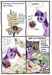 Size: 553x794 | Tagged: safe, artist:frank1605, artist:kturtle, derpibooru import, spike, twilight sparkle, dragon, comic, rubik's cube, spanish, translation