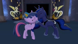 Size: 1360x768 | Tagged: safe, artist:mk513, princess luna, twilight sparkle, twilight sparkle (alicorn), alicorn, pony, 3d, crown, female, gmod, kissing, lesbian, mare, shipping, tiara, twiluna