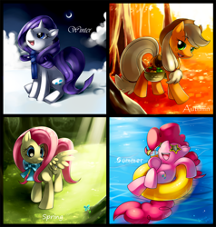 Size: 1000x1052 | Tagged: safe, artist:jiayi, applejack, fluttershy, pinkie pie, rarity, earth pony, pegasus, pony, unicorn, apple, autumn, basket, bowtie, female, flower, food, inner tube, mare, seasons, snow, spring, summer, sunglasses, water, winter