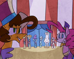 Size: 1024x819 | Tagged: safe, artist:cinnamonsand, derpibooru import, blossomforth, bulk biceps, cheese sandwich, flam, flim, pinkie pie, screw loose, trixie, earth pony, pony, circus, clown, flim flam brothers