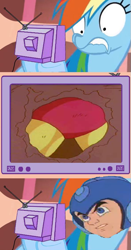 Size: 563x1078 | Tagged: safe, rainbow dash, pegasus, pony, exploitable meme, female, gutsman's ass, mare, megaman, meme, television, tv meme