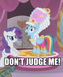 Size: 290x358 | Tagged: safe, edit, edited screencap, screencap, rainbow dash, rarity, pegasus, pony, unicorn, swarm of the century, don't judge me, dont judge me, duo, female, frown, glare, image macro, looking at you, mare, mare antoinette, marie antoinette, rainbow dash always dresses in style, wig
