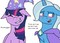 Size: 502x358 | Tagged: safe, artist:spiritwolf223, derpibooru import, trixie, twilight sparkle, accessory swap, blushing, female, lesbian, shipping, twixie