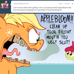 Size: 615x615 | Tagged: safe, artist:hotdiggedydemon, apple bloom, applejack, earth pony, pony, applebuse, ask, ask jappleack, duo, female, filly, hypocrisy, ironic, irony, jappleack, mare, vulgar