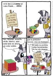 Size: 559x806 | Tagged: safe, artist:frank1605, artist:kturtle, derpibooru import, twilight sparkle, zecora, zebra, comic, rubik's cube, spanish, translation