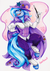 Size: 600x855 | Tagged: safe, artist:azyomecha, derpibooru import, trixie, anthro, smiling, solo, traditional art, wand