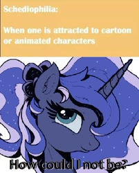 Size: 473x589 | Tagged: safe, artist:joakaha, princess luna, alicorn, pony, alternate hairstyle, solo, text