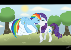 Size: 1280x900 | Tagged: safe, artist:katsuya93, rainbow dash, rarity, pegasus, pony, unicorn, cloud, female, floppy ears, kissing, lesbian, mare, raridash, shipping