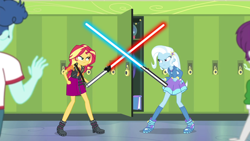 Size: 1920x1080 | Tagged: safe, artist:3d4d, derpibooru import, edit, edited screencap, screencap, sunset shimmer, trixie, better together, equestria girls, forgotten friendship, canterlot high, clothes, crossover, disney, duel of the fates, hallway, lightsaber, lockers, star wars, weapon