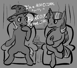 Size: 500x440 | Tagged: safe, artist:tempusfidgets, derpibooru import, trixie, twilight sparkle, twilight sparkle (alicorn), alicorn, pony, ben bernanke, boasting, female, gloating, grandstanding, lesbian, magician, mare, monochrome, neil cicierega, shipping, twixie