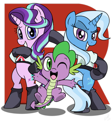 Size: 1014x1114 | Tagged: safe, artist:emositecc, derpibooru import, spike, starlight glimmer, trixie, dragon, pony, unicorn, bipedal, clothes, cosplay, costume, crossover, female, looking at you, mare, pokémon, simple background, team rocket, transparent background