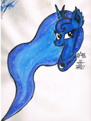 Size: 1280x1698 | Tagged: safe, artist:mane-shaker, princess luna, alicorn, pony, bust, colored, ear fluff, solo, traditional art, watercolor painting