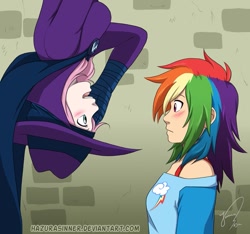 Size: 791x740 | Tagged: safe, artist:hazurasinner, fluttershy, mare do well, rainbow dash, human, blushing, cute, eye contact, female, flutterdash, humanized, lesbian, looking at each other, open mouth, shipping, smiling, spider-man, upside down, wide eyes