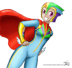 Size: 1280x1200 | Tagged: safe, artist:johnjoseco, artist:michos, rainbow dash, human, cape, clothes, costume, female, humanized, simple background, solo, white background