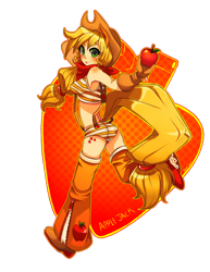 Size: 600x777 | Tagged: safe, artist:bluc, applejack, human, apple, applejack's hat, armpits, boots, cowboy boots, cowboy hat, cutie mark background, eared humanization, female, hat, humanized, looking back, midriff, obligatory apple, rear view, running, solo, tailed humanization