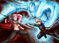 Size: 1100x807 | Tagged: safe, artist:johnjoseco, artist:michos, fluttershy, rainbow dash, human, breasts, crossover, dante (devil may cry), devil may cry, devil may cry 3, devil may cry 4, duo, female, humanized, nero (devil may cry), sword, underboob, weapon