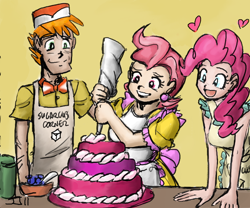 Size: 1000x833 | Tagged: safe, artist:johnjoseco, artist:michos, carrot cake, cup cake, pinkie pie, human, apron, carrot cup, clothes, cute, female, heart, humanized, male, shipping, straight