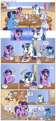 Size: 1200x2595 | Tagged: safe, artist:muffinshire, night light, shining armor, twilight sparkle, twilight velvet, pony, unicorn, comic:twilight's first day, blushing, bomb ass tea, breakfast, cereal, comic, cute, dexterous hooves, drinking, eating, egg, eyes closed, female, filly, foal, food, honey, juice, magic, male, mare, meme origin, muffin, newspaper, open mouth, reading, slice of life, sonic rainboom, sparkle family, stallion, tea, teapot, toast, twiabetes