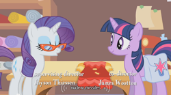 Size: 640x355 | Tagged: safe, derpibooru import, screencap, rarity, twilight sparkle, pony, unicorn, suited for success, clothes, dress, nuclear weapon, saddle bag, too poofy, weapon, youtube caption