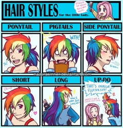 Size: 731x760 | Tagged: safe, artist:hazurasinner, fluttershy, rainbow dash, human, 20% cooler, alternate hairstyle, bow, brushie, chibi, clothes, cute, female, fingerless gloves, gloves, hair, hair style meme, humanized, long hair, makeover, meme, meme chart, pigtails, ponytail, short hair, side ponytail, sigh