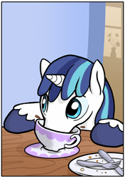 Size: 796x1132 | Tagged: safe, artist:muffinshire, shining armor, pony, unicorn, comic:twilight's first day, bomb ass tea, caught, cute, drinking, shining adorable, solo, tea, teacup