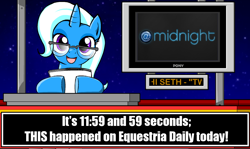 Size: 1004x600 | Tagged: safe, derpibooru import, trixie, pony, unicorn, @midnight, equestria daily, exploitable meme, female, glasses, mare, meme, news meme, parody, reference, solo