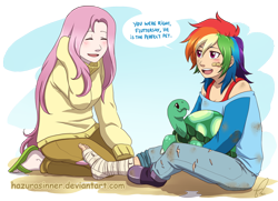 Size: 966x700 | Tagged: safe, artist:hazurasinner, fluttershy, rainbow dash, tank, human, may the best pet win, bandage, clothes, cute, female, humanized, pet, sandals, sitting, sweater, sweatershy