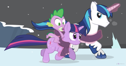 Size: 1575x825 | Tagged: safe, artist:dm29, shining armor, spike, twilight sparkle, dragon, pony, unicorn, clothes, scarf, snow, snowfall, trio