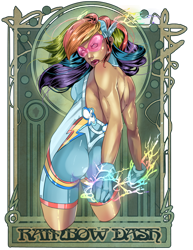 Size: 900x1168 | Tagged: safe, artist:raspbearyart, rainbow dash, human, abstract background, ass, backless, clothes, female, gloves, goggles, humanized, looking back, magic, superhero, wedgie