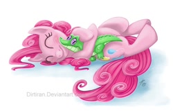 Size: 900x580 | Tagged: safe, artist:keyfeathers, gummy, pinkie pie, earth pony, pony, eyes closed, female, hug, mare, on back, smiling