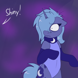 Size: 900x900 | Tagged: safe, artist:skoon, princess luna, alicorn, pony, bipedal, clothes, floppy ears, frown, hair over one eye, leotard, looking back, naughty luna, s1 luna, socks, solo, tumblr, wide eyes