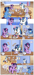 Size: 1200x2595 | Tagged: safe, artist:frank1605, artist:muffinshire, night light, shining armor, twilight sparkle, twilight velvet, pony, unicorn, comic:twilight's first day, bomb ass tea, breakfast, comic, egg, filly, juice, newspaper, slice of life, spanish, sparkle family, tea, teacup, toast, translation