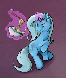 Size: 600x702 | Tagged: safe, artist:paranormality, derpibooru import, trixie, pony, unicorn, abstract background, blushing, chopsticks, cute, diatrixes, eyes closed, magic, noodles, nose wrinkle, raised hoof, ramen, sitting, smiling, solo, telekinesis