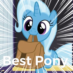 Size: 720x720 | Tagged: safe, derpibooru import, edit, edited screencap, screencap, trixie, unicorn, to where and back again, best pony, cropped, cute, diatrixes, mouth hold, saddle bag, solo, text