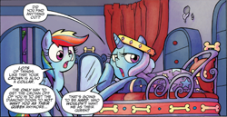 Size: 1274x657 | Tagged: safe, artist:agnesgarbowska, derpibooru import, idw, rainbow dash, trixie, pegasus, pony, spoiler:comic, spoiler:comicff6, queen trixiana the first