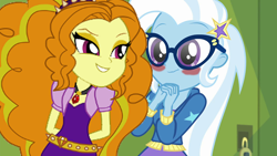 Size: 1920x1080 | Tagged: safe, artist:ktd1993, artist:mixiepie, derpibooru import, edit, edited screencap, screencap, adagio dazzle, trixie, best trends forever, best trends forever: twilight sparkle, better together, equestria girls, rainbow rocks, blushing, dork, female, gem, glasses, lesbian, low res image, shipping, siren gem, triagio