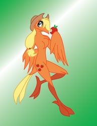 Size: 850x1100 | Tagged: safe, artist:thelonecrow, applejack, phoenix, apple, birdified, female, food, gradient background, solo, species swap