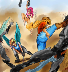 Size: 1280x1360 | Tagged: safe, artist:sundown, applejack, pinkie pie, rainbow dash, changeling, human, female, fight, humanized, shoryuken, sword, weapon, winged humanization