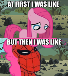 Size: 514x577 | Tagged: artist needed, safe, edit, edited screencap, screencap, pinkie pie, earth pony, pony, sonic rainboom (episode), the cutie mark chronicles, 60s spider-man, comic, female, filly, image macro, meme, pinkamena diane pie, spider-man, younger