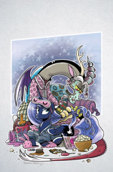 Size: 787x1195 | Tagged: safe, artist:brendahickey, idw, discord, princess luna, alicorn, draconequus, pony, friends forever, spoiler:comic, spoiler:comicff20, bunny slippers, clothes, cover, duo, female, hair curlers, male, mare, mud mask, pajamas, popcorn, sleep mask, slippers, slumber party