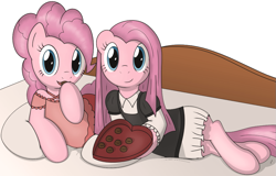 Size: 975x623 | Tagged: safe, artist:tg-0, pinkie pie, earth pony, pony, bed, duality, female, looking at you, mare, on side, pinkamena diane pie, self ponidox, smiling