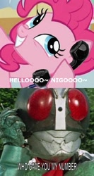 Size: 370x698 | Tagged: safe, pinkie pie, earth pony, pony, exploitable meme, female, irl, kamen rider, kamen rider nigo, mare, meme, phone meme, photo