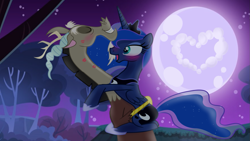 Size: 1407x794 | Tagged: safe, artist:elementalokami, discord, princess luna, alicorn, pony, blushing, female, heart, kiss mark, lunacord, male, night, shipping, show accurate, straight