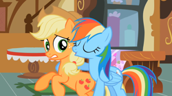 Size: 1320x741 | Tagged: safe, screencap, applejack, rainbow dash, earth pony, pegasus, pony, the mysterious mare do well, do not want, duo, female, mare, out of context, sugarcube corner