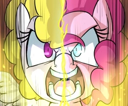 Size: 600x500 | Tagged: safe, artist:uc77, pinkie pie, surprise, earth pony, pegasus, pony, g1, angry, close-up, duality, epic, female, fight, g1 to g4, generation leap, hotblooded pinkie pie, mare, super saiyan