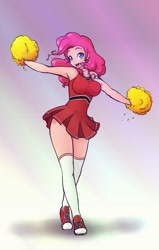 Size: 653x1024 | Tagged: safe, artist:scorpdk, pinkie pie, human, armpits, breasts, cheerleader, cheerleader pinkie, clothes, converse, cute, diapinkes, dress, female, humanized, light skin, pinkie pies, pom pom, shoes, short dress, sneakers, socks, solo, thigh highs, whistle