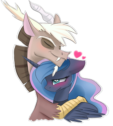 Size: 2012x2247 | Tagged: safe, artist:elementalokami, discord, princess luna, alicorn, pony, blushing, female, heart, hug, lunacord, male, shipping, simple background, straight, younger