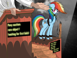 Size: 3072x2304 | Tagged: safe, artist:v-d-k, rainbow dash, human, pegasus, pony, auction, bondage, bound wings, collar, crying, dashabuse, female, floppy ears, gag, high res, leash, living object, mare, muzzle gag, sad, shackles, slave, slave auction, slavery, spotlight, story in the comments