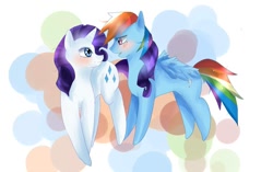 Size: 900x565 | Tagged: safe, artist:ao-no-comatose, rainbow dash, rarity, pegasus, pony, unicorn, abstract background, blushing, eye contact, female, lesbian, looking at each other, mare, raridash, shipping