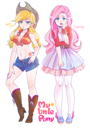 Size: 1074x1517 | Tagged: safe, artist:tate-ya, applejack, fluttershy, human, 2010s, 2012, apple, applerack, appleshy, belly, belly button, belt, blonde hair, boots, breasts, cleavage, clothes, couple, cowboy boots, cowboy hat, cowgirl, denim shorts, dress, dressup, duo, duo female, ear piercing, earring, embarrassed, female, food, freckles, front knot midriff, girly girl, green eyes, hand on hip, hand on thigh, hat, high socks, humanized, jewelry, kneepits, lesbian, midriff, piercing, pigtails, pink hair, shipping, shoes, shorts, simple background, skirt, tied shirt, tomboy, unbuttoned, white background, winged shoes